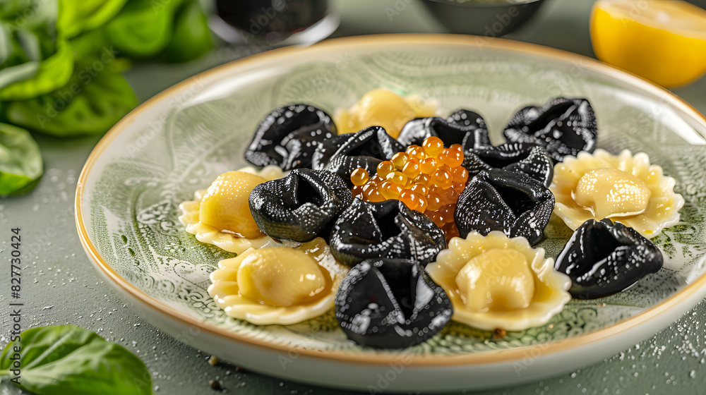 Ravioli with caviar and sauce. Black pelmeni, Ravioli with caviar and sauce. Black pelmeni,