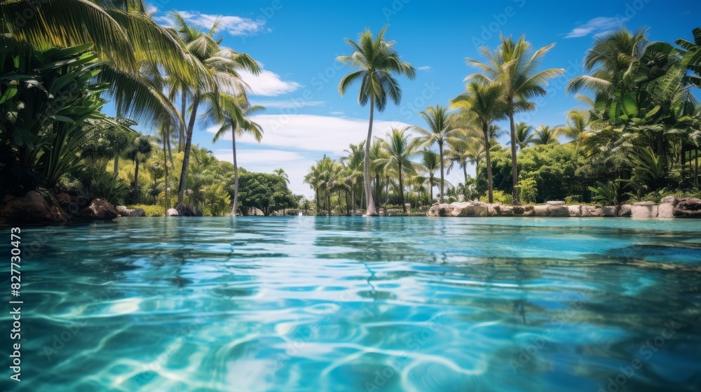 Tropical Paradise With Clear Blue Water And Lush Palm Trees. Generative AI Tropical Paradise With Clear Blue Water And Lush Palm Trees. Generative AI