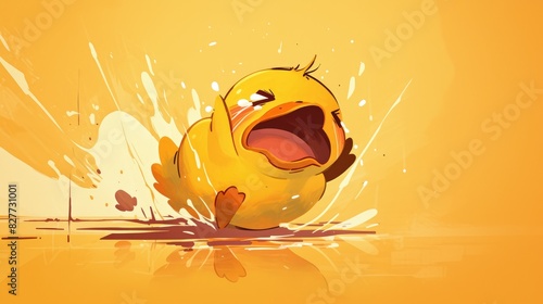 Illustration of a sad tearful and running duckling with an unconventional appearance in a cartoonish style photo