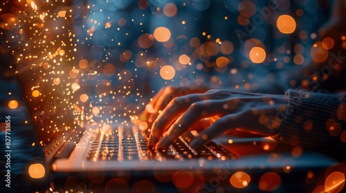 Close-up of a person typing on a laptop keyboard with sparks of light around their hands. © pimsupang