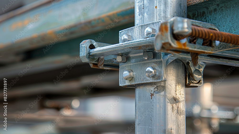 A detailed shot of a scaffold joint, showing the clamps and bolts securing the structure. A detailed shot of a scaffold joint, showing the clamps and bolts securing the structure.