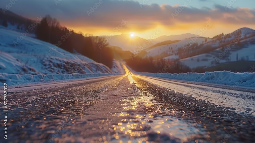 Scenic view of empty road with snow covered landscape