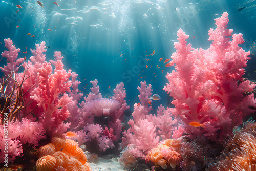 Background underwater coral reef with vibrant colors like coral pink  turquoise  and seafoam green  with intricate coral formations and tropical fish creating a colorful and lively underwater world.