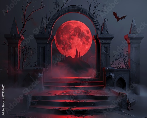 Podium for product, Gothic style Halloween 3D podium with vampire themes, dark castles, and bloodred moon, perfect for a dramatic setting