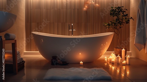A serene bathroom retreat with a luxurious freestanding bathtub  fluffy towels  and soft candlelight.