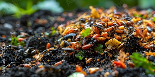 Close-up view of insects decomposing organic matter in compost pile. Concept Insects, Decomposition, Organic Matter, Compost Pile, Close-up View