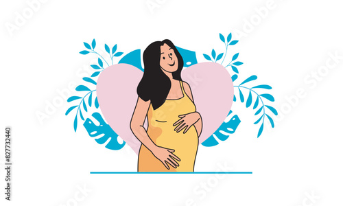 Pregnant woman standing and hugging belly on isolated background with flowers. The concept of pregnancy and motherhood. Healthy pregnancy.  Vector illustration.
