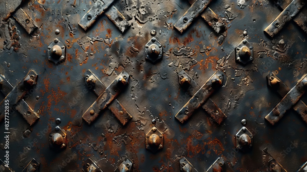 Close-up view of a weathered, rusted metal surface covered in numerous rivets. Close-up view of a weathered, rusted metal surface covered in numerous rivets.