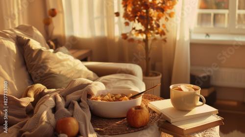 warm and cozy living room with freshly baked apple crisp and a good book, breakfast, Autumn and healthy eating, diet