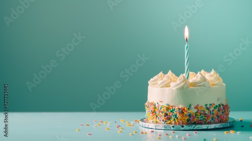 birthday cake with a lit candle and a clean pastel green background, copy space on the left