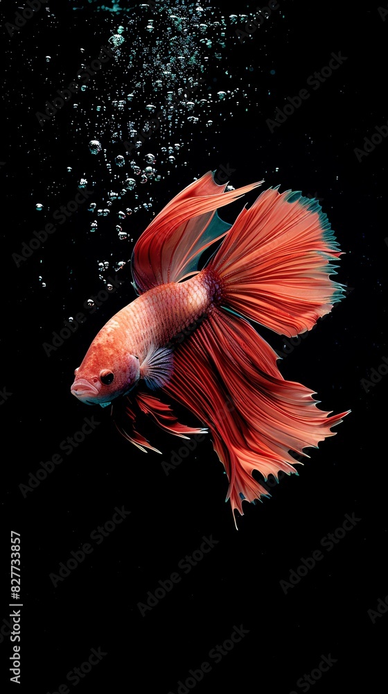 The image is a photo of a red betta fish. The fish is in focus and the background is blurred. The fish is facing the left of the frame and its fins are spread out. The image is a photo of a red betta fish. The fish is in focus and the background is blurred. The fish is facing the left of the frame and its fins are spread out.