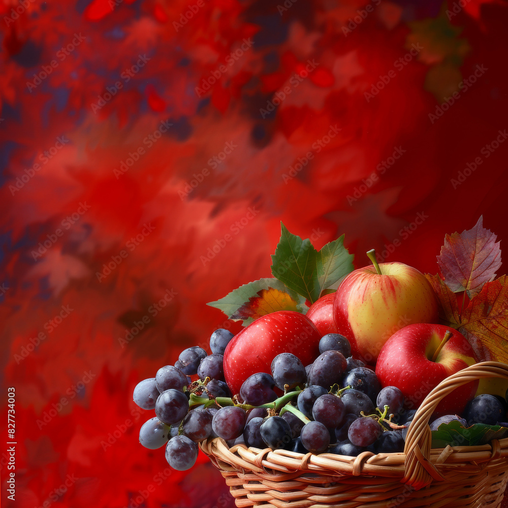 Basket with fruit, grapes and apples on the right side, red background, simple background, promotional photo, harvest theme, ripe, space for text, August, September Basket with fruit, grapes and apples on the right side, red background, simple background, promotional photo, harvest theme, ripe, space for text, August, September