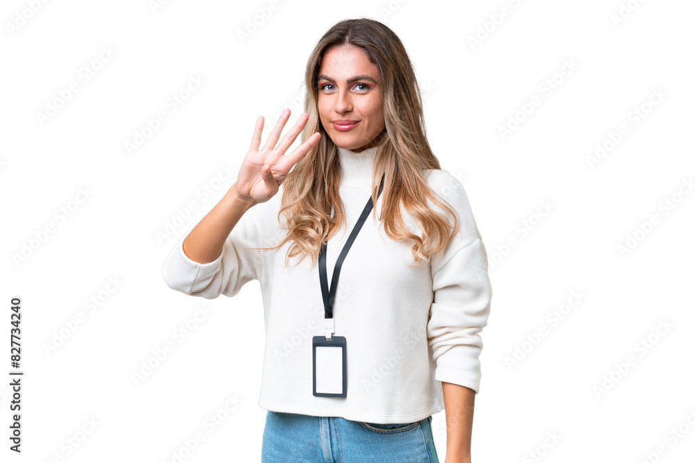 Young Uruguayan woman with ID card over isolated background happy and counting four with fingers Young Uruguayan woman with ID card over isolated background happy and counting four with fingers