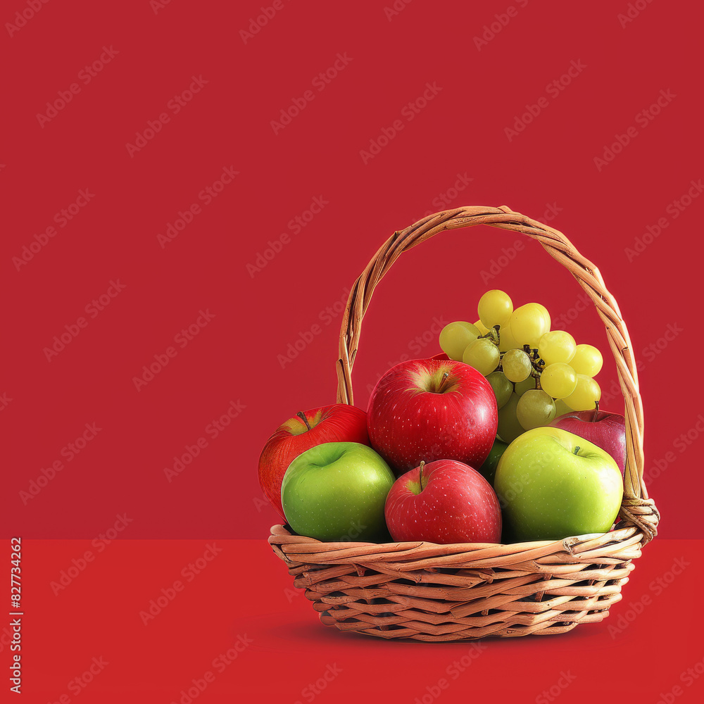 Basket with seasonal fruits including apples and grapes, harvest, copyspace, background red, theme fall and August, Thanksgiving dinner Basket with seasonal fruits including apples and grapes, harvest, copyspace, background red, theme fall and August, Thanksgiving dinner