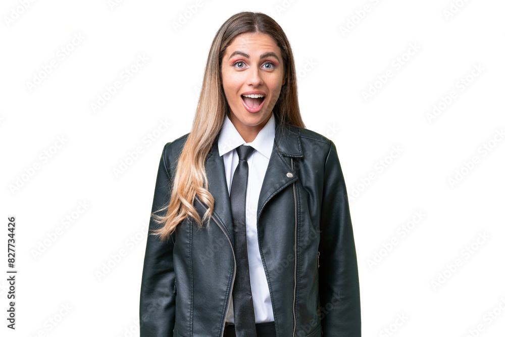 Business pretty Uruguayan woman wearing a biker jacket over isolated background with surprise facial expression Business pretty Uruguayan woman wearing a biker jacket over isolated background with surprise facial expression