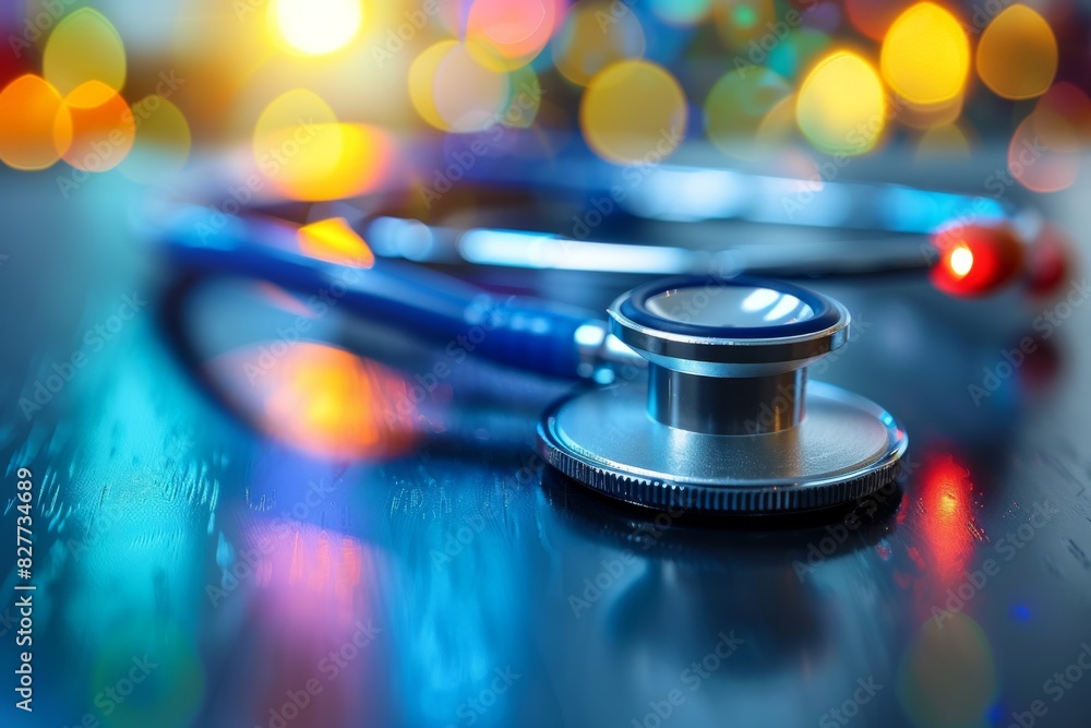 Glowing stethoscopes on a blurred colorful background, symbolizing medical technologys role in vibrant, dynamic healthcare settings Glowing stethoscopes on a blurred colorful background, symbolizing medical technologys role in vibrant, dynamic healthcare settings
