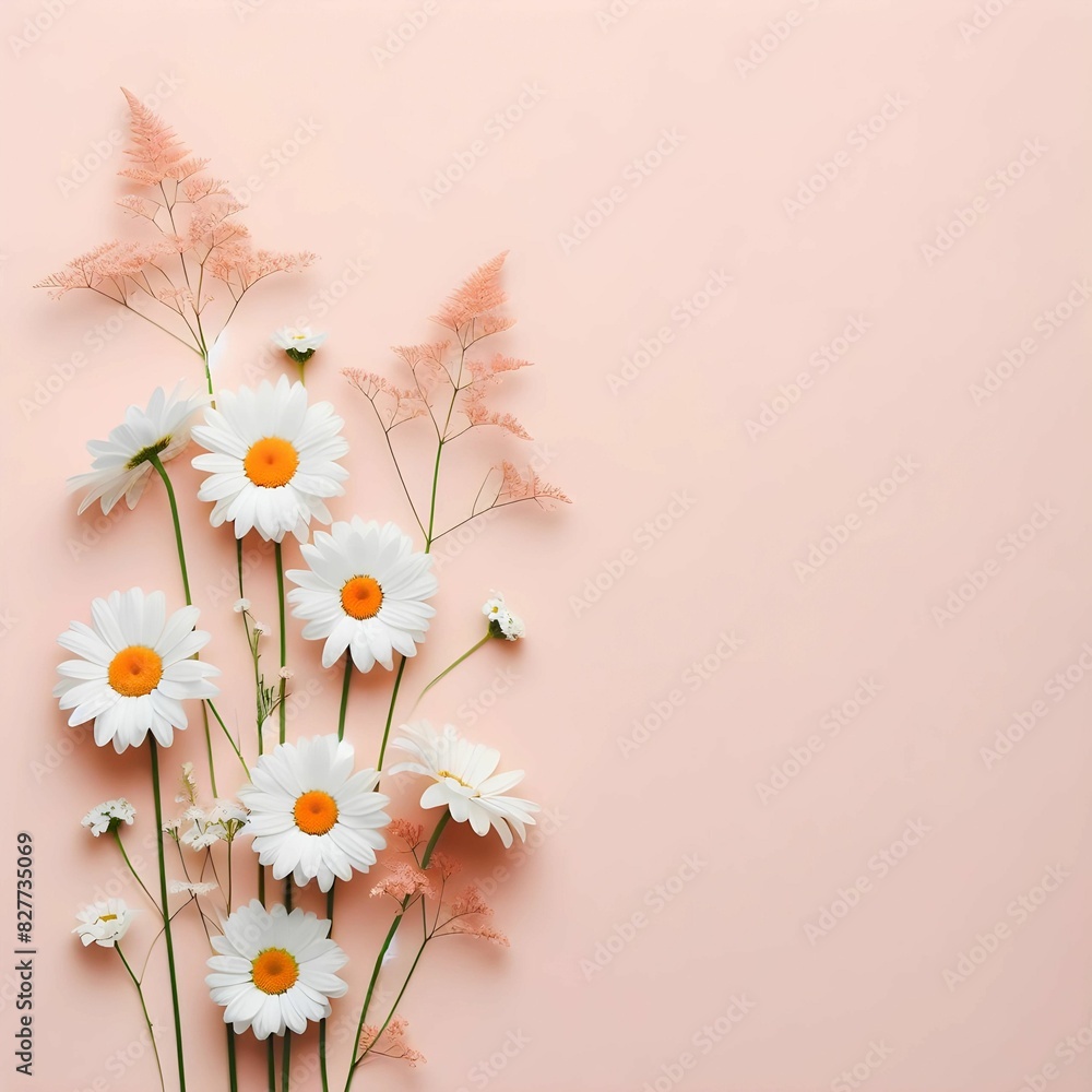 Obraz premium Minimal styled concept. White daisy chamomile flowers on pale pink background. Creative lifestyle, summer, spring concept. Copy space, flat lay, top view.