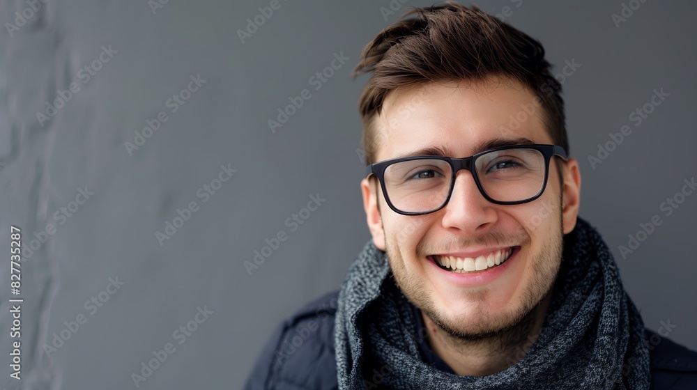 Confident Young Man in Stylish Glasses Smiling, Neutral Background Copy Space Confident Young Man in Stylish Glasses Smiling, Neutral Background Copy Space