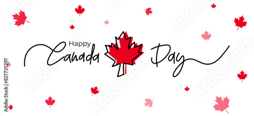 Happy Canada Day Greeting Banner Design on white background. Handwritten lettering or font logo for Canada Day with red maple leaf. Vector Illustration.