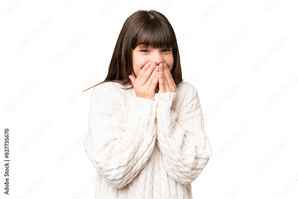 Little caucasian girl over isolated background happy and smiling covering mouth with hands Little caucasian girl over isolated background happy and smiling covering mouth with hands
