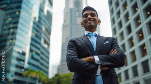 Optimistic Indian Businessman in Urban Skyline © mattegg