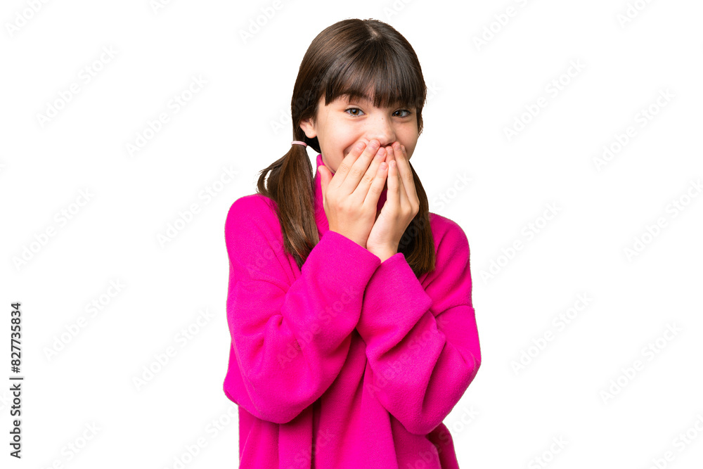Little caucasian girl over isolated background happy and smiling covering mouth with hands Little caucasian girl over isolated background happy and smiling covering mouth with hands