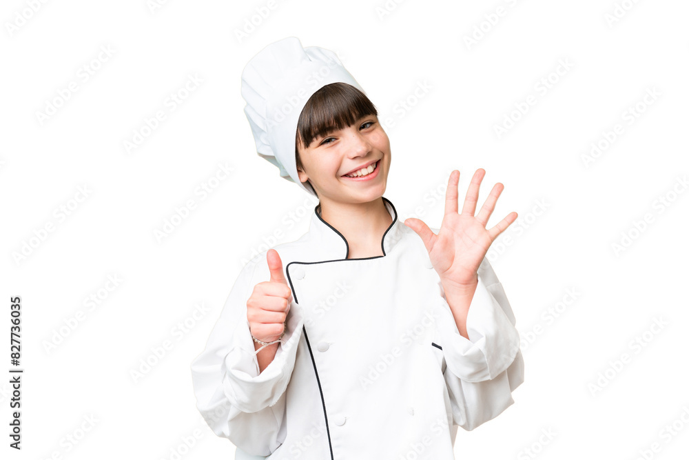 Little caucasian chef girl over isolated background counting six with fingers Little caucasian chef girl over isolated background counting six with fingers