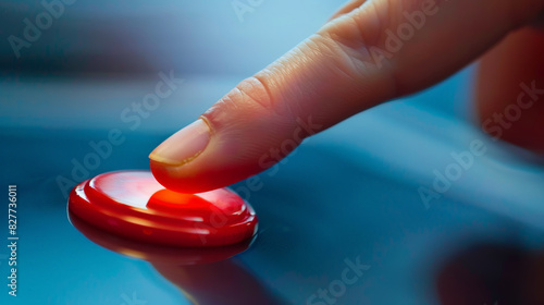 Critical Moment: Finger Pressing Red Button in Macro Detail. Generative AI