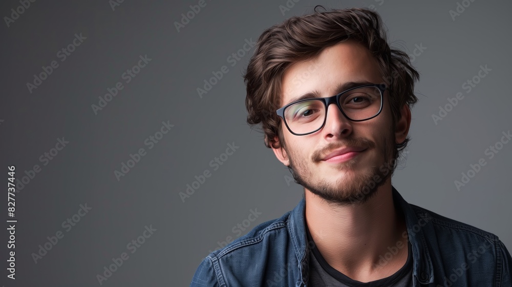 Confident Young Man with Glasses in Neutral Studio Setting Confident Young Man with Glasses in Neutral Studio Setting