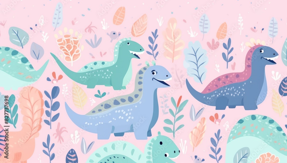 Fototapeta premium hand painted doodle background, cute Iguanodon theme pastel color