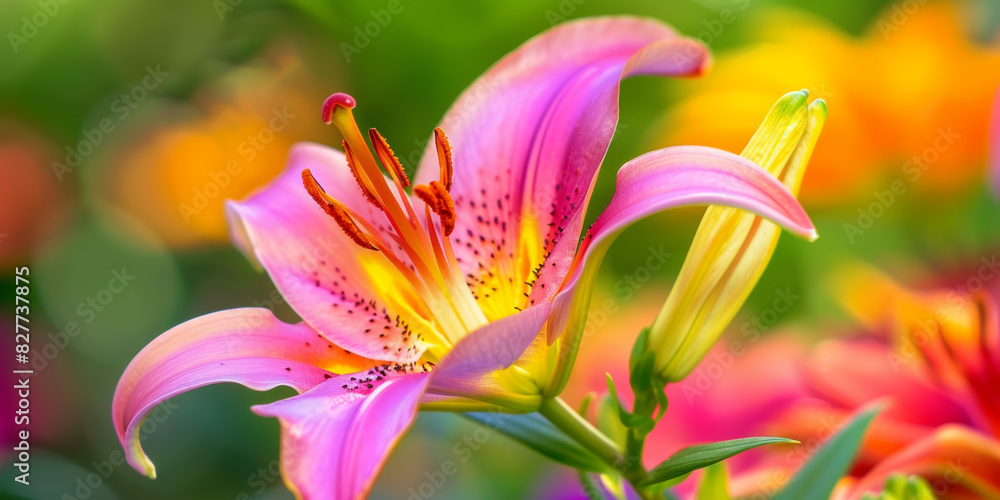 Fototapeta premium Vibrant Pink Lily in Full Bloom with Colorful Background
