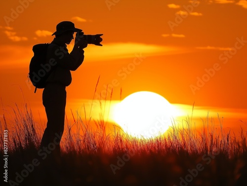A man is taking a picture of the sun with his camera. The sun is setting and the sky is orange