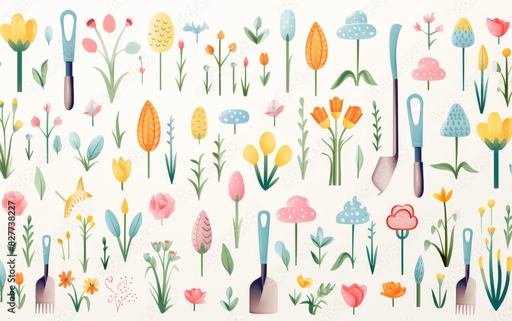 hand painted doodle background, cute Garden Tools theme pastel color hand painted doodle background, cute Garden Tools theme pastel color