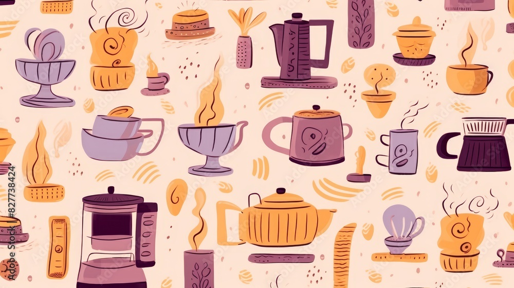 hand painted doodle background, cute Coffee Maker theme pastel color hand painted doodle background, cute Coffee Maker theme pastel color