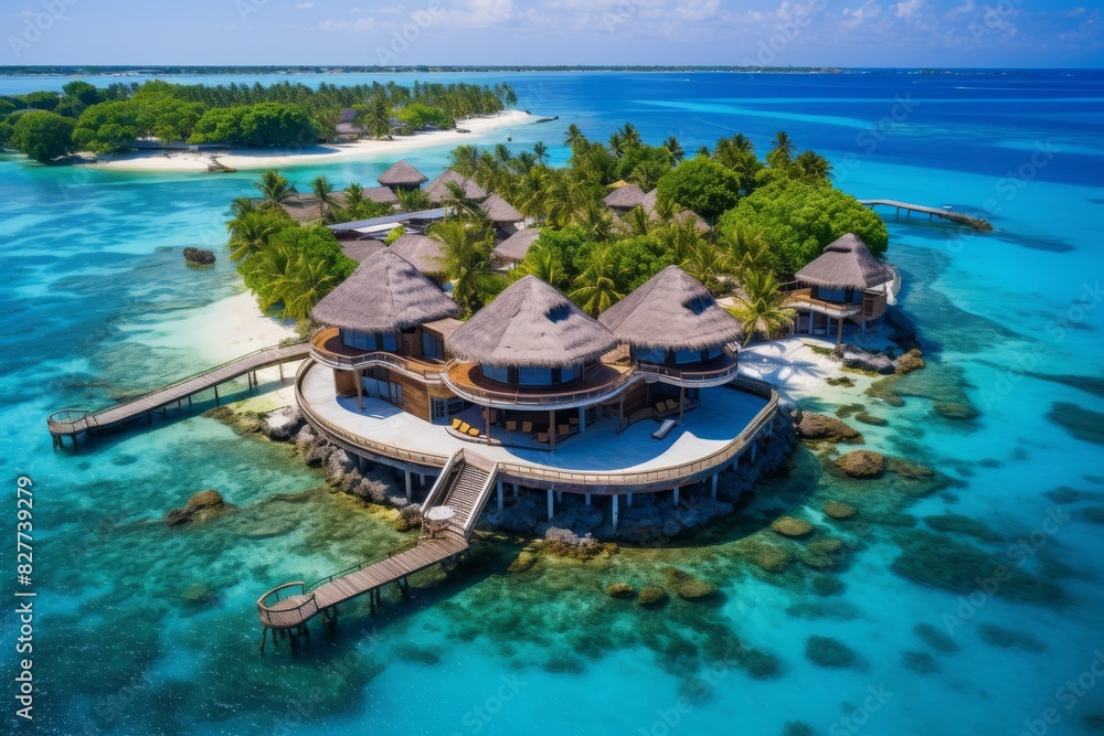 Beautiful tropical Maldives resort hotel and island with beach and sea, Perfect aerial landscape view, Ai generated