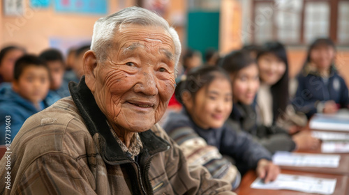Cheerful senior citizen with a group of students blurred in the background