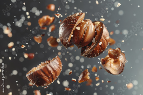 Cracked Chocolate and Hazelnuts in Mid Air with Particle Effect