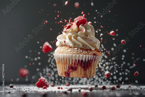 Floating Raspberry Cupcake with Vanilla Frosting and Sugar Dust in Motion