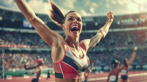Caucasian athlete athlete woman rejoices in victory at the stadium with her hands up. summer sports .athletics competitions
