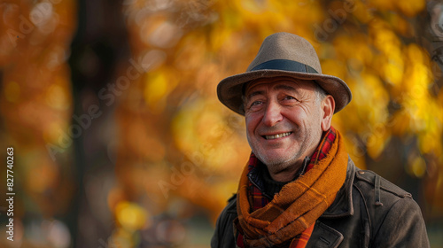 Mature man with a hat smiling outdoors with colorful autumn leaves in the background