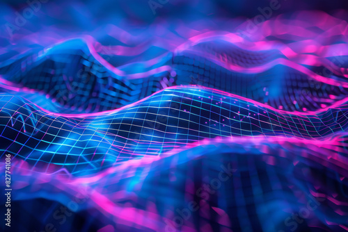 Vibrant Abstract Digital Landscape with Neon Blue and Pink Wavy Grid Lines