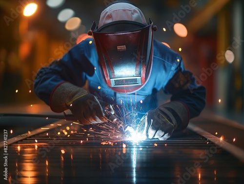 A man in a blue and red outfit is welding. Concept of danger and risk, as the man is working with hot sparks and molten metal. The bright lights in the background add to the intensity of the scene