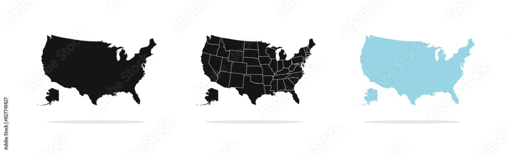 United States of American Map. USA Map. USA borders. USA silhouettes