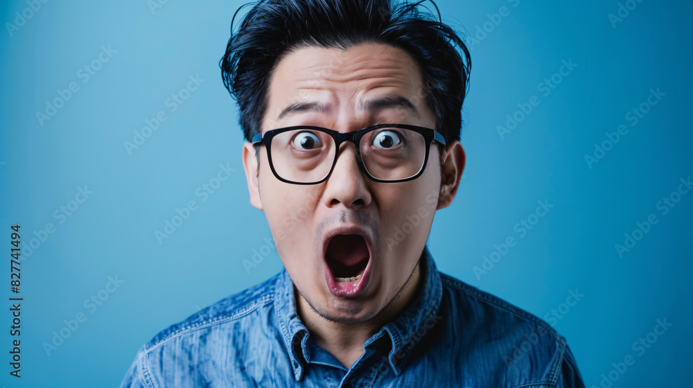 Shocked man with wide eyes and open mouth. Close-up portrait of a surprised man against a blue background. He has wide eyes, an open mouth, and a shocked expression on his face. Shocked man with wide eyes and open mouth. Close-up portrait of a surprised man against a blue background. He has wide eyes, an open mouth, and a shocked expression on his face.