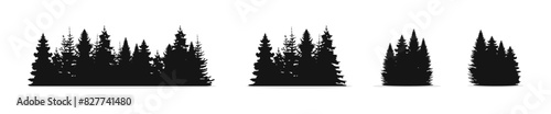Forest silhouette landscape set. Spruce and pine tree flat black scenery.