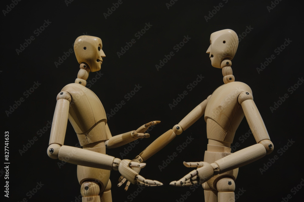 Obraz premium Wooden Mannequins Engaging in Discussion Against Black Background