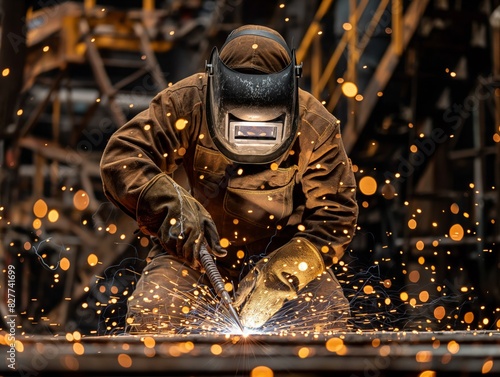 A man in a protective suit is working with a welding torch. Concept of danger and risk, as the man is working with a potentially hazardous tool