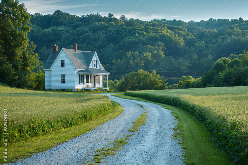 Serene Countryside House with Winding Gravel Road and Lush Greenery Serene Countryside House with Winding Gravel Road and Lush Greenery