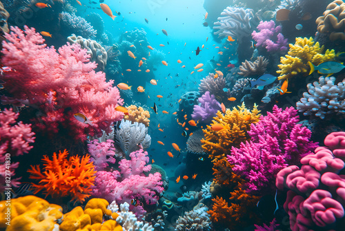 Background underwater coral reef with vibrant colors like coral pink, turquoise, and seafoam green, with intricate coral formations and tropical fish creating a colorful and lively underwater world. photo