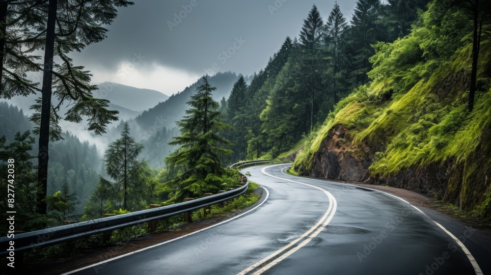 asphalt wavy mountain road green trees clouds vacation. asphalt wavy mountain road green trees clouds vacation.
